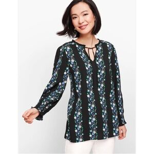 TALBOTS Womens Sz S Navy Dark Floral Smocked Tie Neck Bohemian Peasant